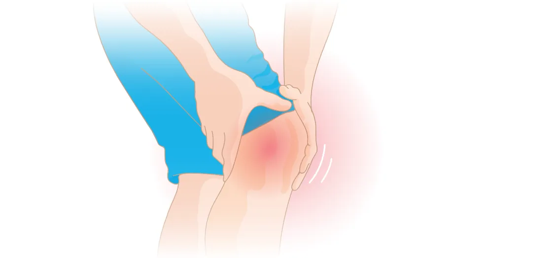Illustration of a person holding a painful knee with both hands, with a red glow around the joint